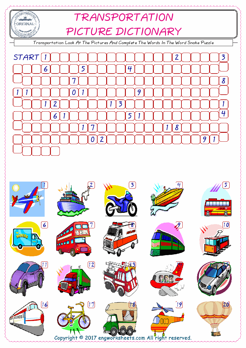  Check the Illustrations of Transportation english worksheets for kids, and Supply the Missing Words in the Word Snake Puzzle ESL play. 